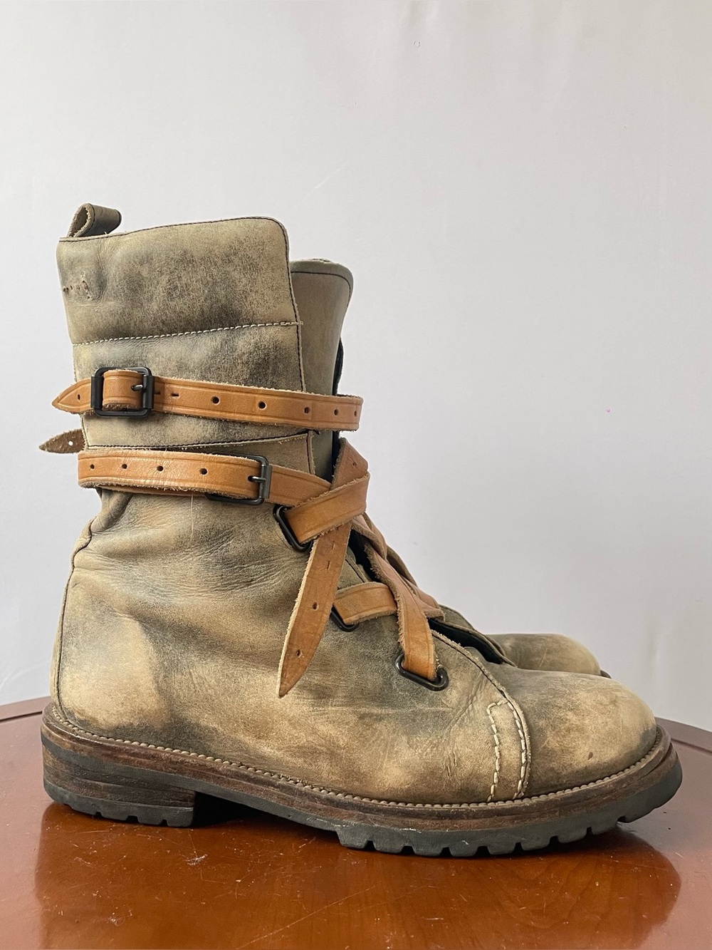 Distressed Tan Leather Harness Moto Boots | EU 43